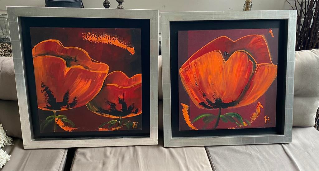 2 schilderijen klaprozen gesigneerd F I., Antiek en Kunst, Kunst | Schilderijen | Abstract, Ophalen of Verzenden