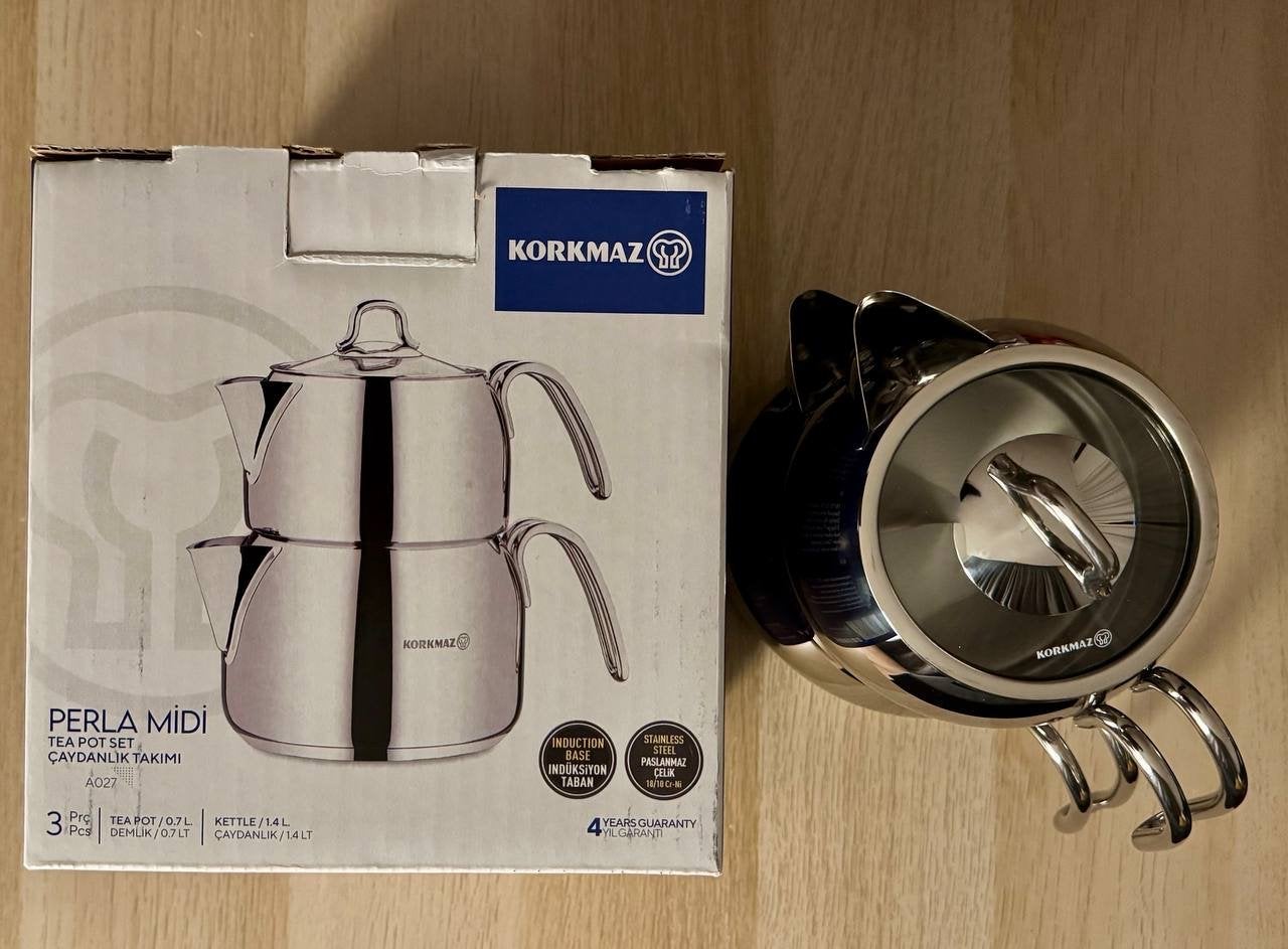 Korkmaz Perla Midi Theepot RVS - 0.7 + 1.4 Liter - Set van 3, Theepot/fluitketel, Ophalen of Verzenden, Metaal, Overige merken