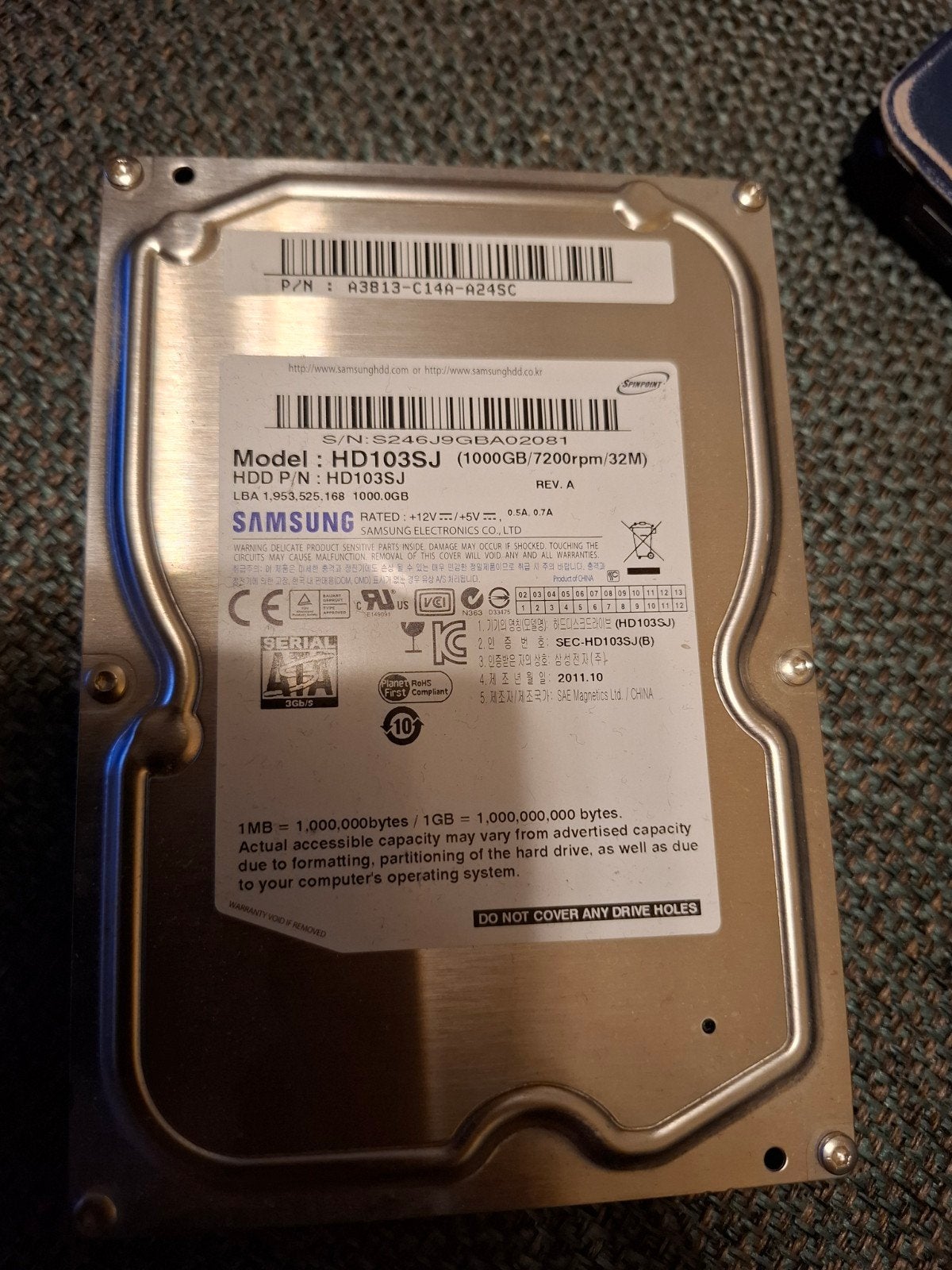 Samsung HD103SJ 1TB HDD - Intern, SATA, 7200rpm, Intern, Gebruikt, Ophalen of Verzenden, Samsung