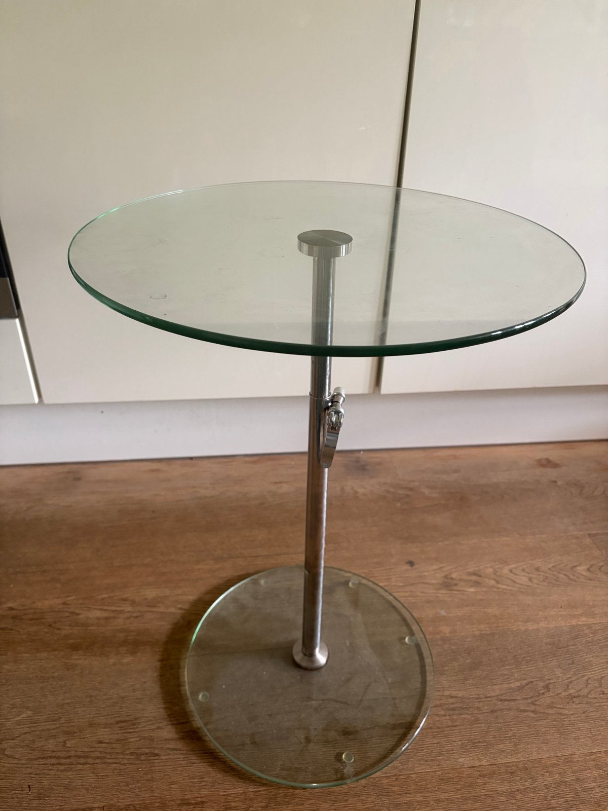 Vintage IKEA glazen bijzettafel, verstelbaar, jaren '70, Ophalen, Rond, 60 cm of meer, Glas