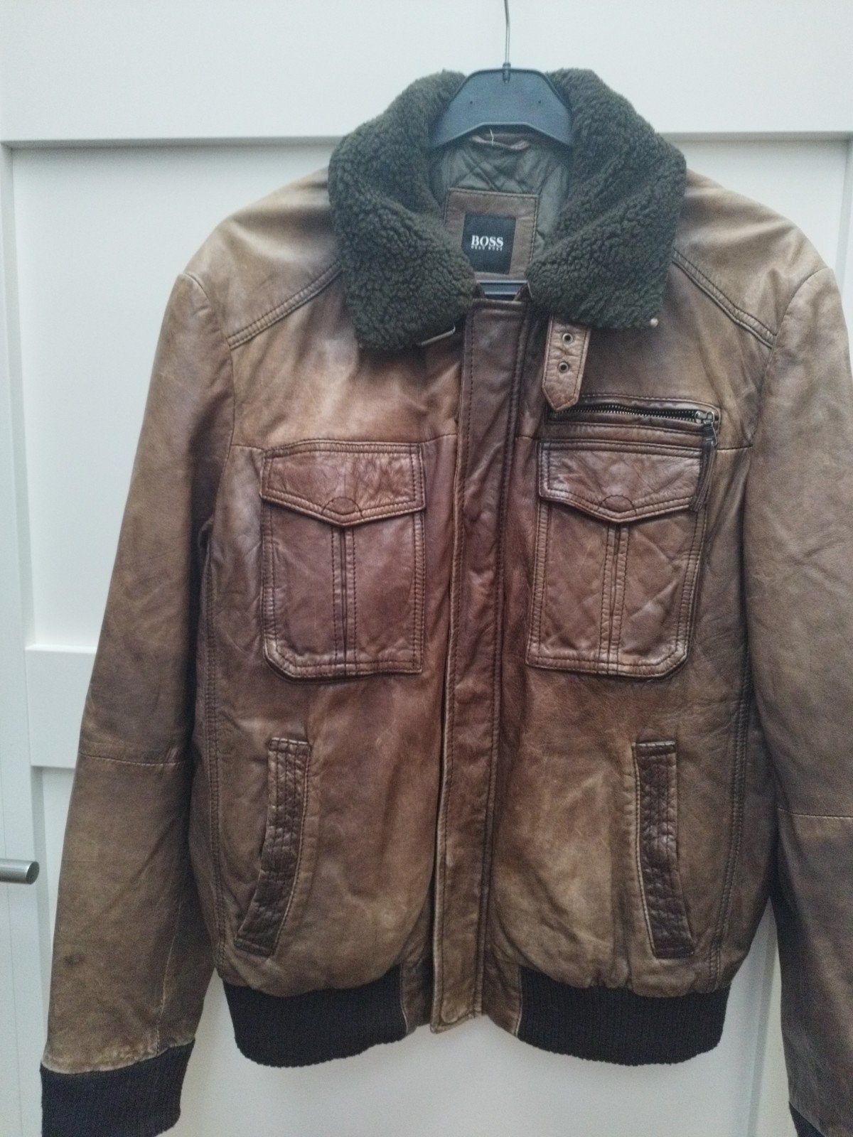 BOSS Hugo Boss Leren Jas Maat 50 (M) met Lamswollen Kraag, Maat 52/54 (L), Bruin, Ophalen of Verzenden, Hugo Boss