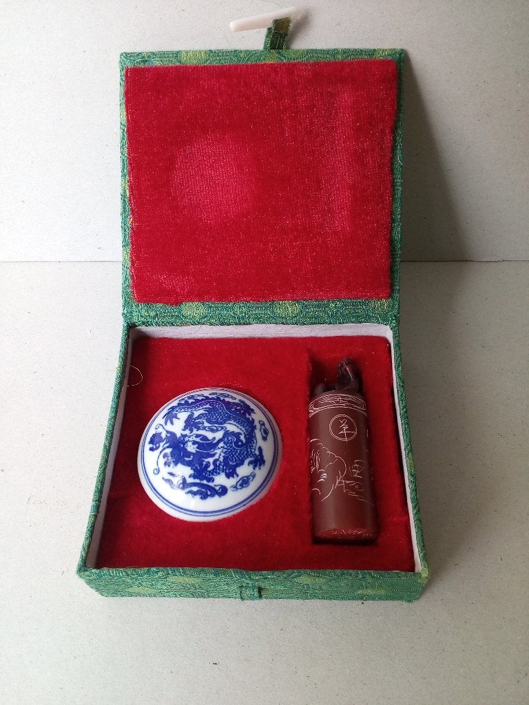Chinese zegel set met drakenmotief en inkt, Ophalen of Verzenden