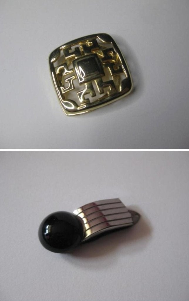 2x vintage sjaalclip / goudkleurig / zilverkleurig zwart, Ophalen, Overige materialen, 4 tot 7 cm, Zo goed als nieuw