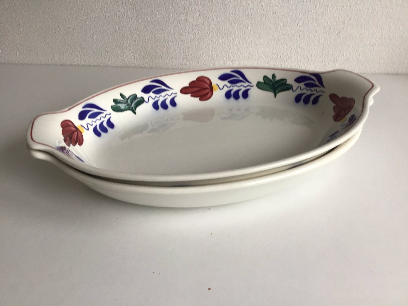 2x Boch Boerenbont serveerschaal schaal ovaal ovenschaal, Keramiek, Landelijk/Boerenbont, Nieuw, Ophalen of Verzenden