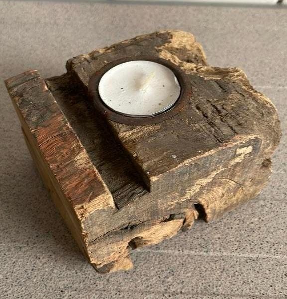 Houten waxinelichthouder kandelaar wrakhout hout, Ophalen of Verzenden, Zo goed als nieuw, Hout, Minder dan 25 cm