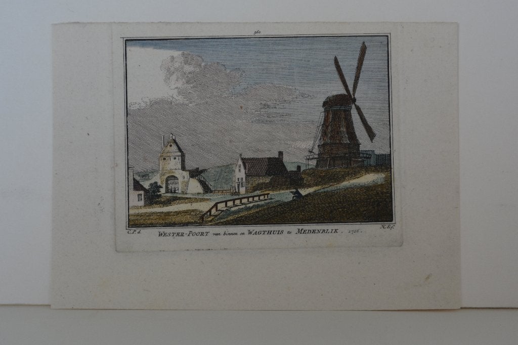 MEDENBLIK WESTERPOORT WACHTHUIS MOLEN GRAVURE H. Spilman G77, Met monogram, Verzenden, Stadsgezicht, Gravure