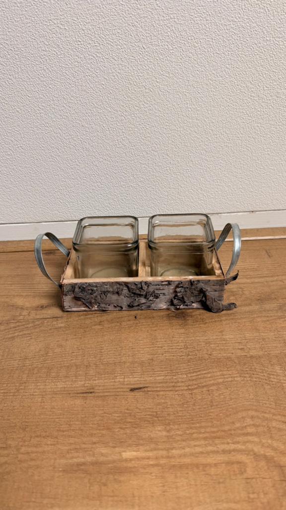 Decoratieve houten dienblad met glazen potjes, Hout, Gebruikt, Ophalen of Verzenden, Landelijk