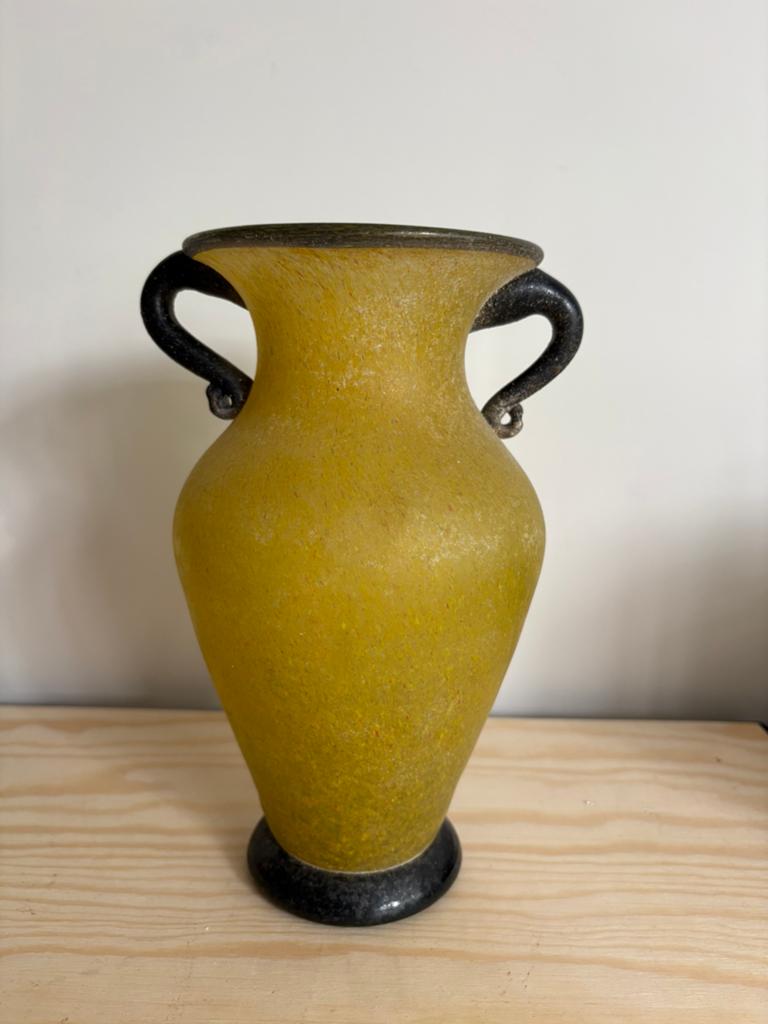 Midcentury modern Murano Scavo glazen vaas geel zwart, Ophalen of Verzenden