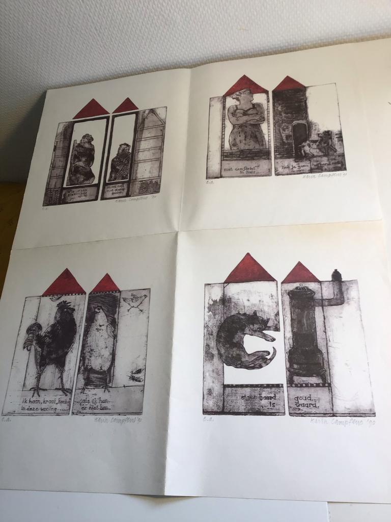 4 etsen met spreuken Karin Campfens, Antiek en Kunst, Ophalen of Verzenden