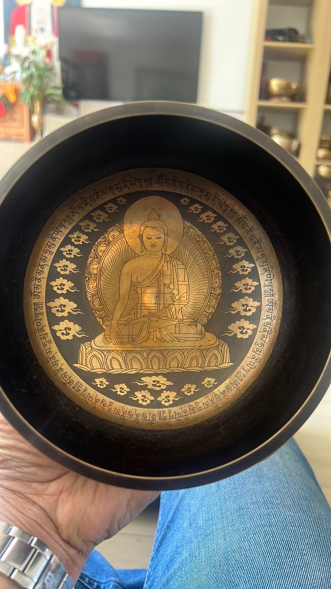 Sakyamuni Boeddha ontwerp Klankschaal met klopper en kussen, Ophalen of Verzenden, Zo goed als nieuw, Melodische percussie