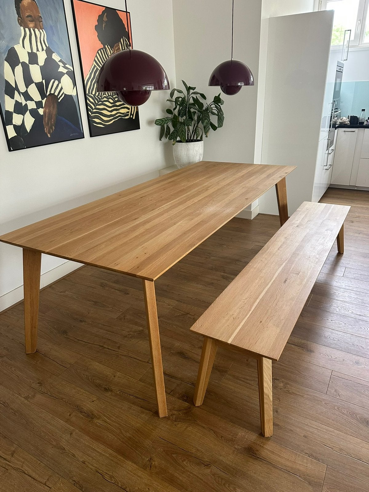 Sav & Økse Gunni eikenhouten tafel + eetkamerbank, Huis en Inrichting, Ophalen, Eikenhout, 200 cm of meer, Zo goed als nieuw