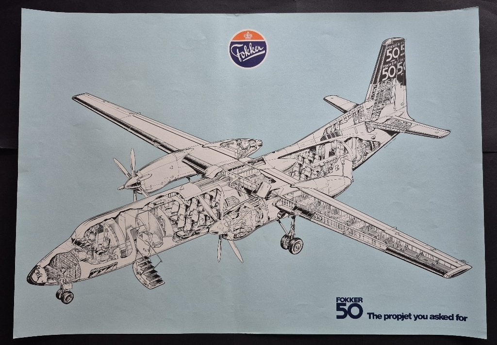 Poster van de doorsnede Fokker F50 (K1252), Ophalen of Verzenden, Gebruikt, Kaart, Foto of Prent