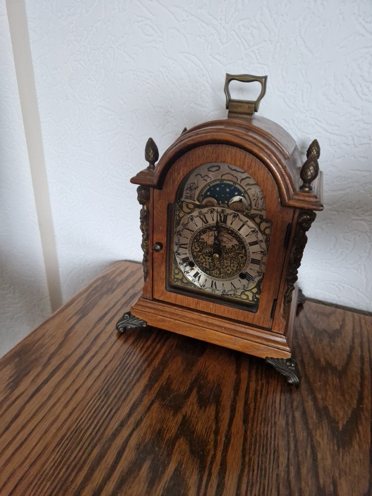 Antieke houten tafelklok met maanfase, Antiek en Kunst, Ophalen of Verzenden