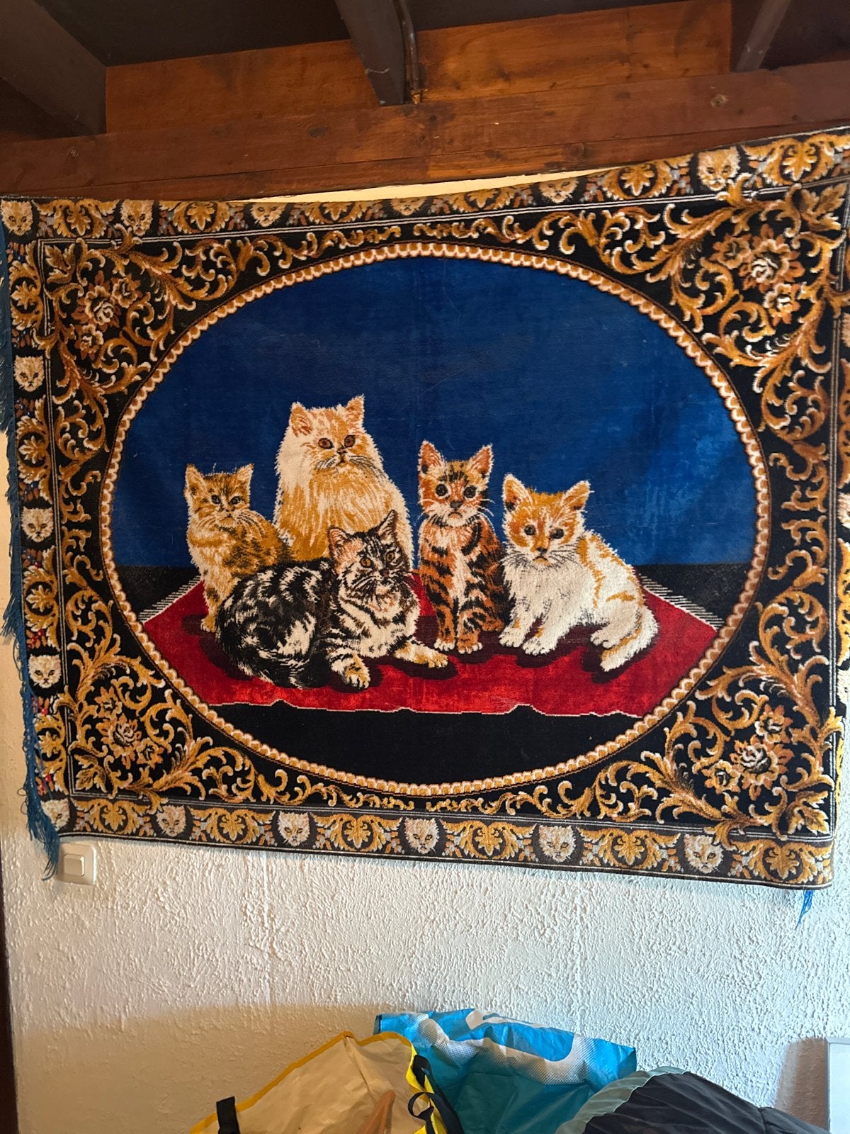 Wandkleed met kattenprint - Vintage stijl, Ophalen, Gebruikt, 100 tot 150 cm, Blauw