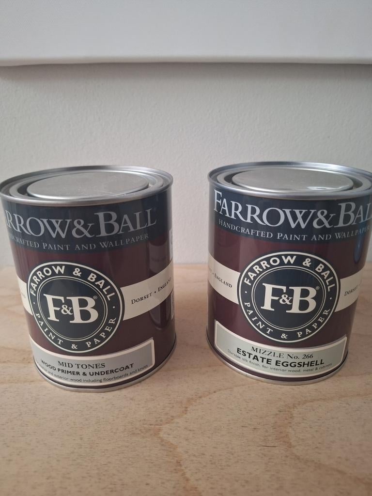 Ongeopende Farrow & Ball Mizzle (266) verf + primer, Ophalen of Verzenden, Nieuw