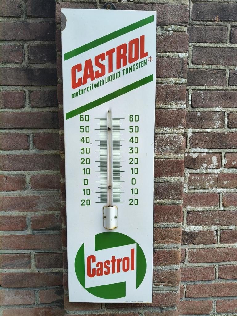 Castrol oil emaille reclamebord thermometer, Ophalen of Verzenden, Gebruikt, Reclamebord