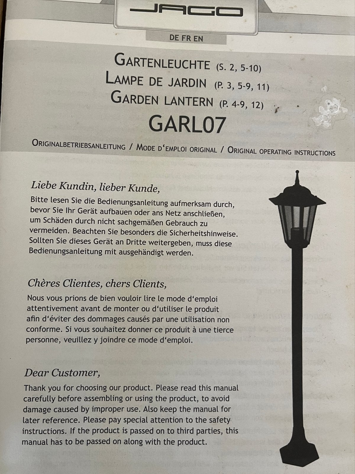 JAGO Buiten Lantaarn Zwart - Nieuw in doos, Ophalen, Overige materialen, Minder dan 50 watt, Staande lamp