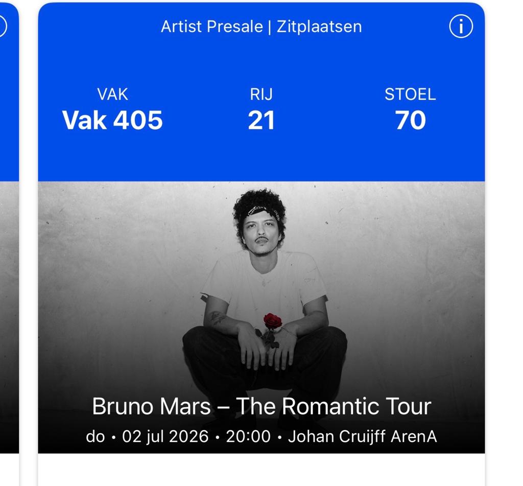 Bruno mars 2 juli 2 tickets vak 405 rij 21 stoel 69,70, Tickets en Kaartjes, Twee personen, Juli