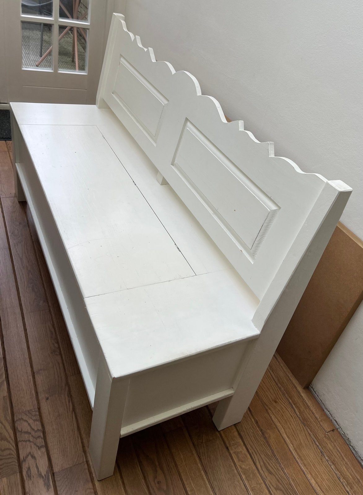 Houten kerkbankje wit met opbergruimte, 150 cm B, Gebruikt, Minder dan 75 cm, 150 tot 200 cm, Driepersoons