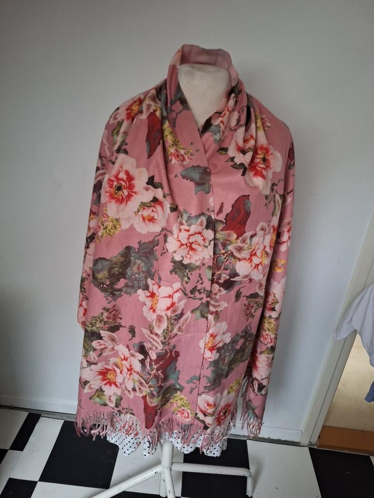 Roze Pashmina Sjaal met Bloemenprint, Ophalen of Verzenden, Zo goed als nieuw, Maat 46/48 (XL) of groter, Pashmina