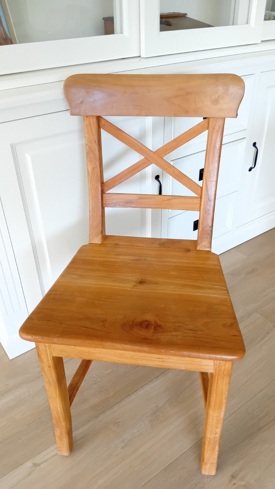 Vier teakhouten eetkamerstoelen, Ophalen, Gebruikt, Bruin, Vier