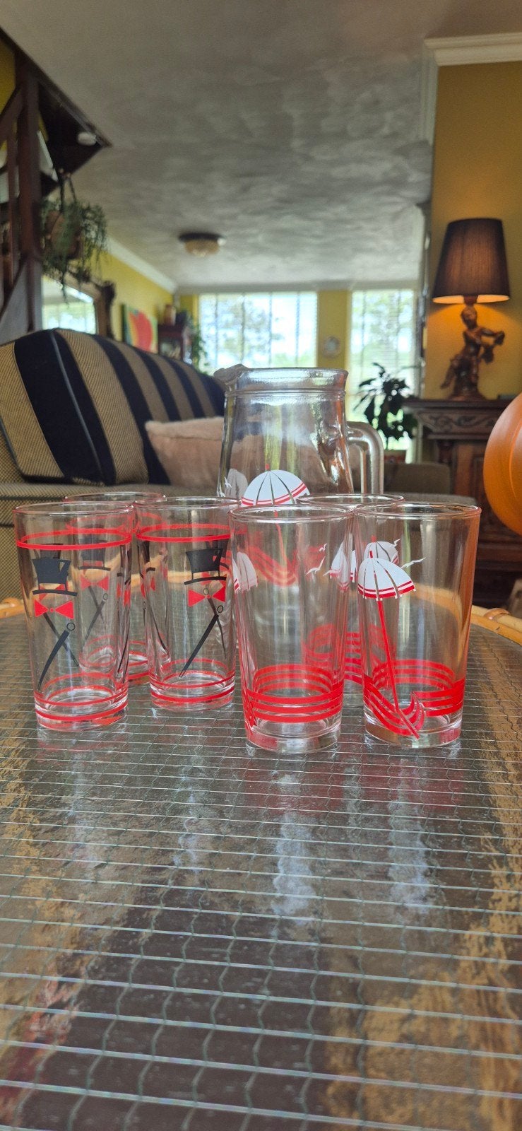 Vintage Glazen Sapkan en Glazen Set - Rood-Wit Parasol, Ophalen of Verzenden