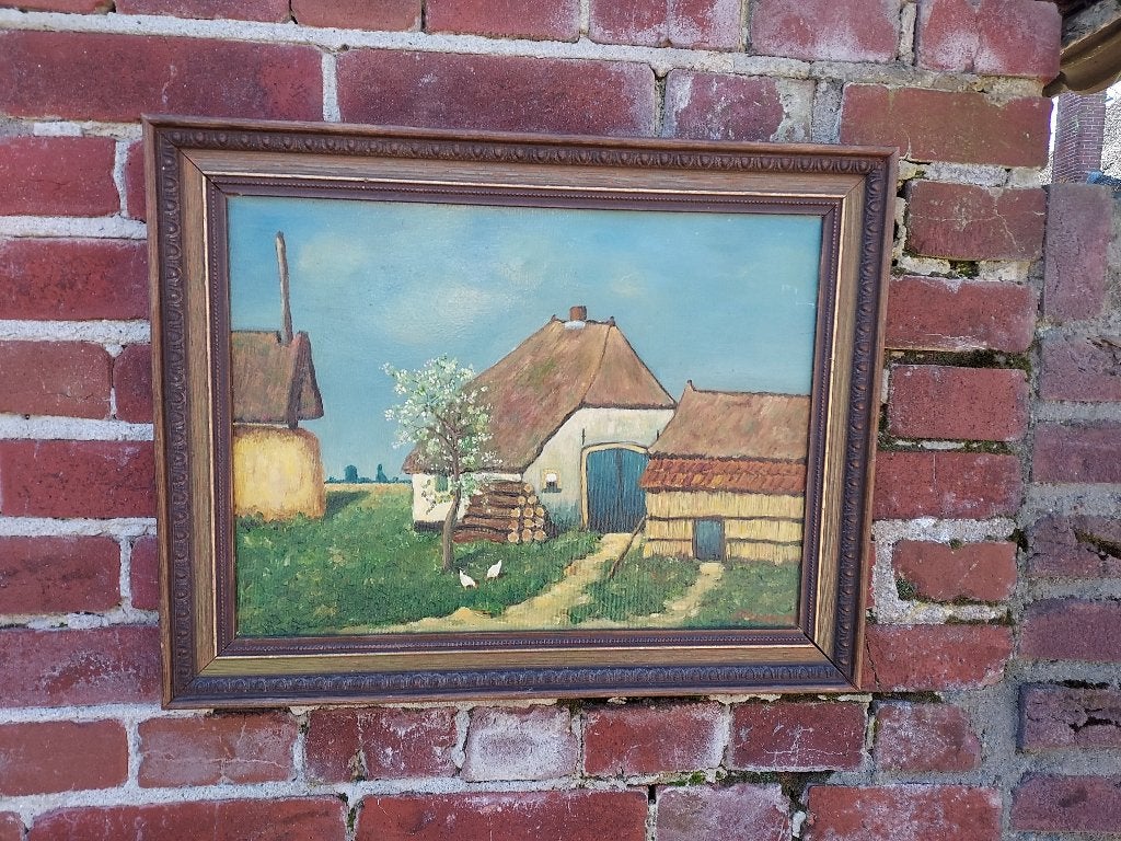 Schilderij landschap met boerenerf., Antiek en Kunst, Kunst | Schilderijen | Klassiek, Nederlandse school, Gesigneerd, Landschap