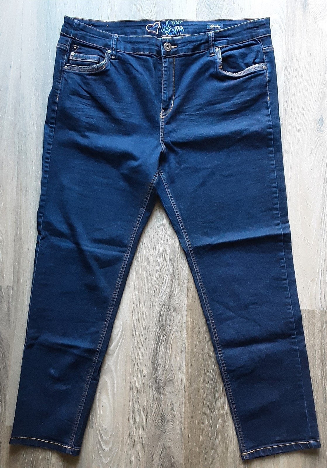 Donkerblauwe jeans straight fit MS mode maat 52 sierstiksels, Blauw, Ophalen of Verzenden, Zo goed als nieuw, MS Mode