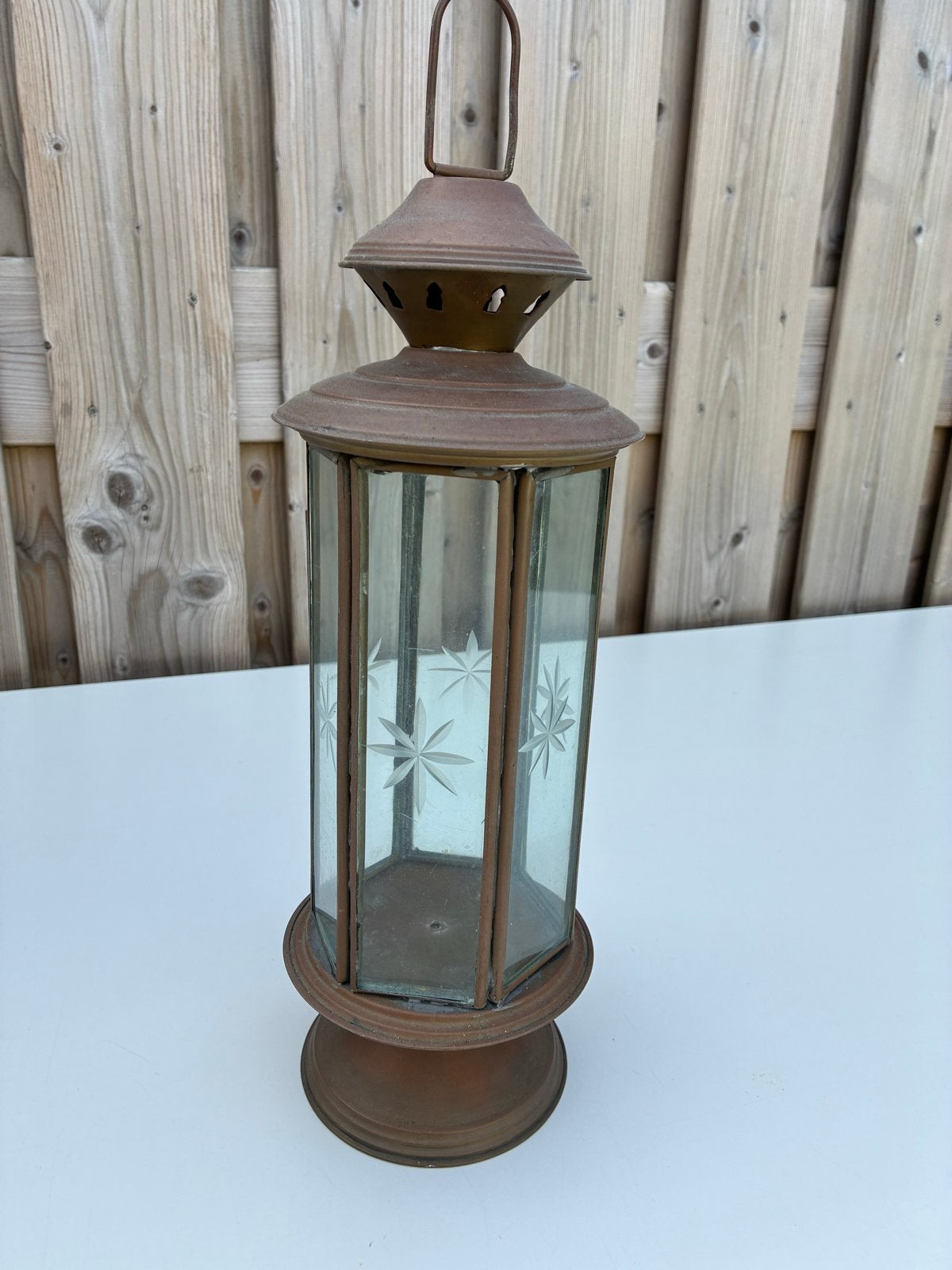 Antieke koperen lantaarn met geëtst glas, Antiek en Kunst, Ophalen
