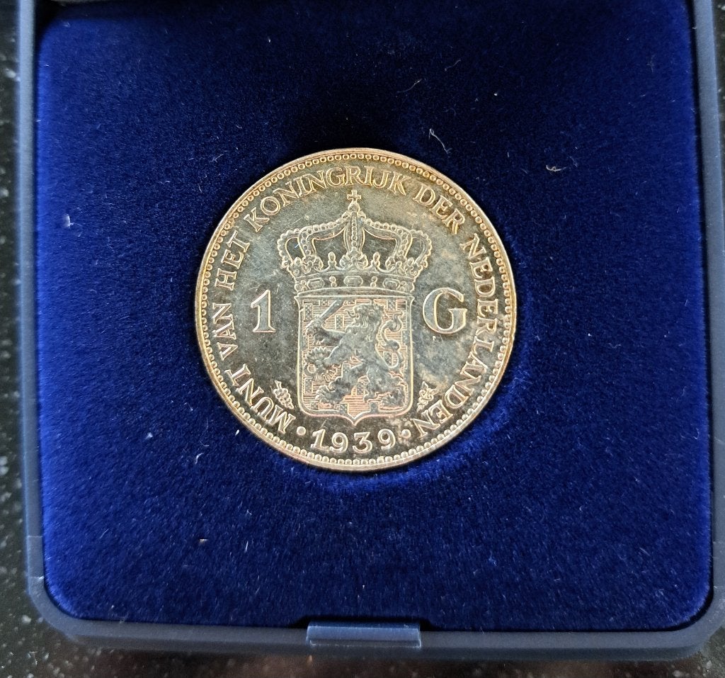Zilveren gulden 1939 Wilhelmina in cassette, Ophalen of Verzenden, Koningin Wilhelmina, 1 gulden, Zilver