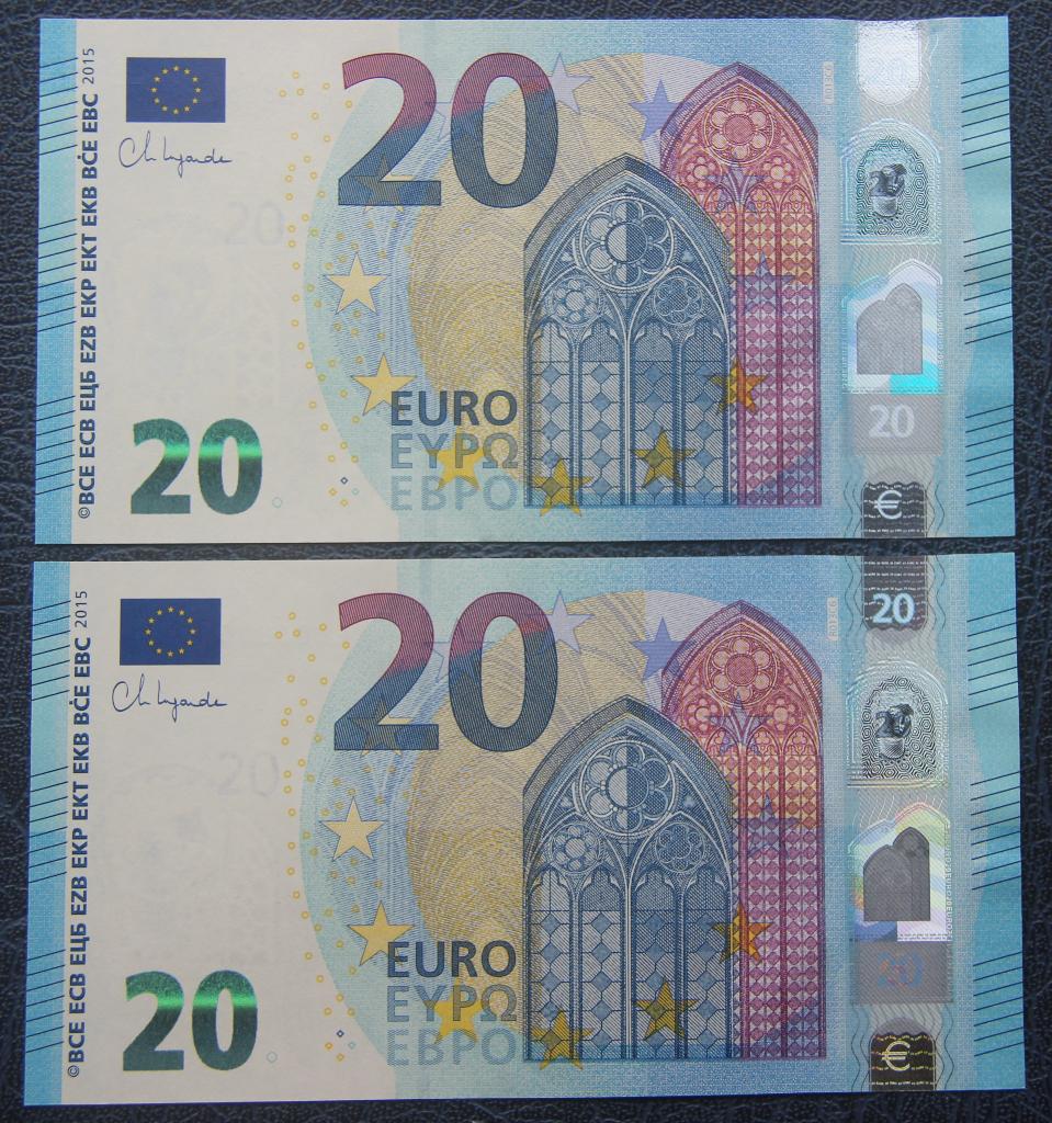 2x 20 euro 2015 RP 0680615955(64) nummers opv.print R013C6, Postzegels en Munten, Bankbiljetten | Europa | Eurobiljetten, Ophalen of Verzenden