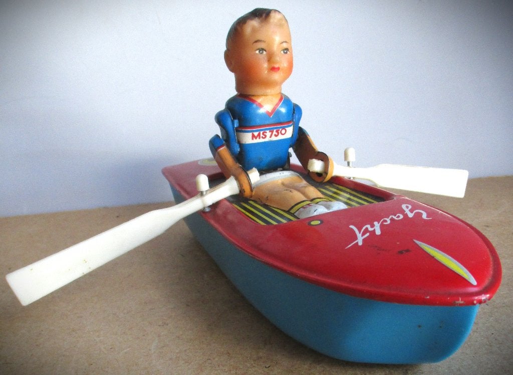Blik Speelgoed Roeiboot~+ sleutel~Roeier~Blikken boot, Antiek en Kunst, Ophalen of Verzenden