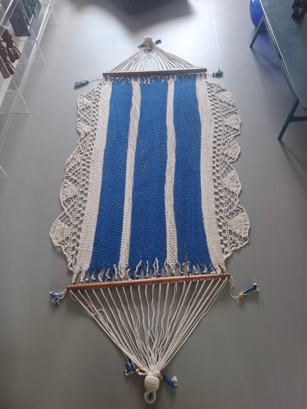 Boho gehaakte hangmat blauw wit, Tuin en Terras, Hangmatten, Ophalen