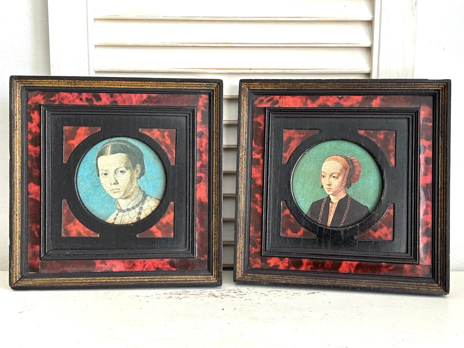 Vintage tweeluik schilderijtjes prent portretten 21x21, Antiek en Kunst, Ophalen