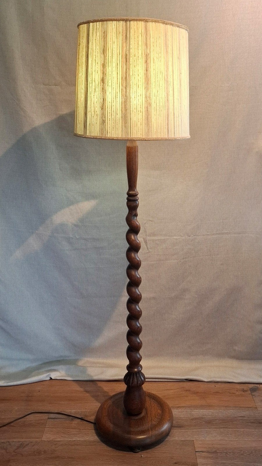 Vintage "Barley Twist" Vloerlamp met Plissé Kap, Ophalen, Gebruikt, Glas, 150 tot 200 cm