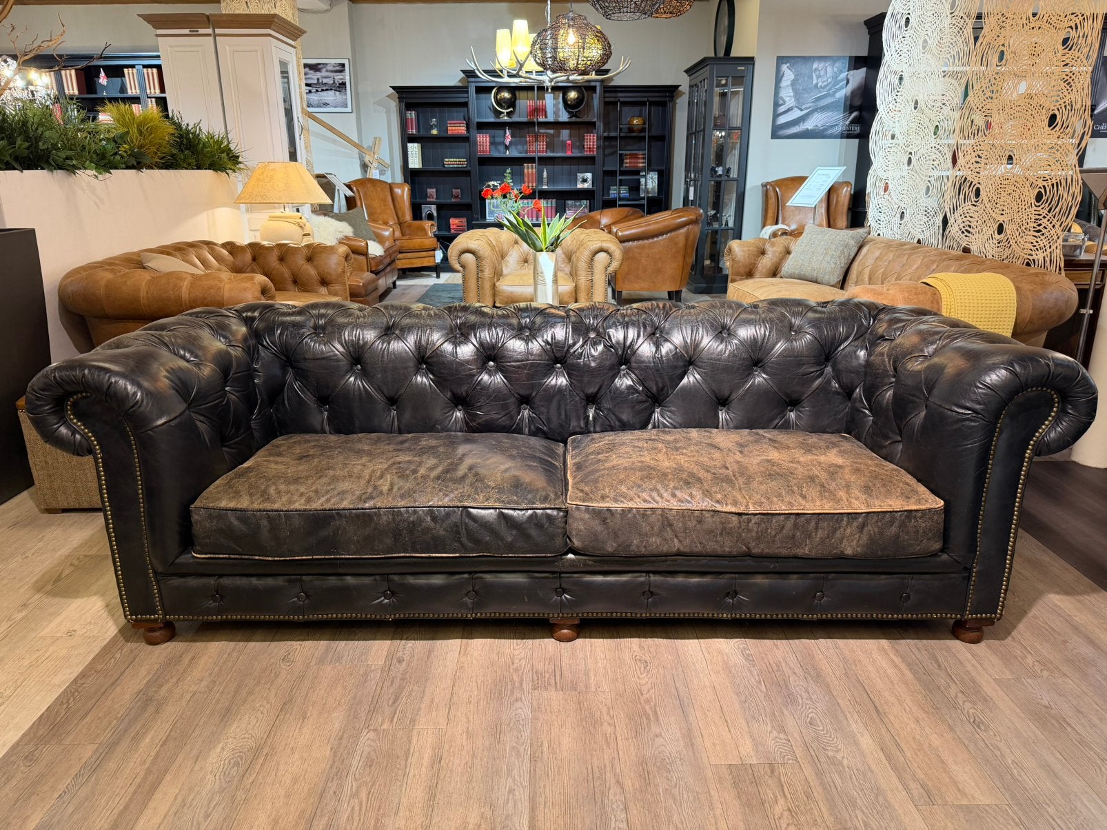 STOERE VINTAGE CHESTERFIELD 3,5 ZITS BANK OUDE LOOK ZWART, Ophalen of Verzenden