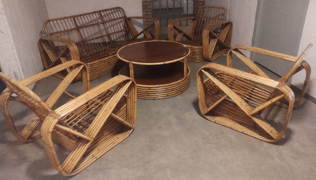 Unieke mooie set, rotan bankstel met salontafel, jaren 50., Huis en Inrichting, Ophalen, Aziatisch, Gebruikt, 150 tot 200 cm