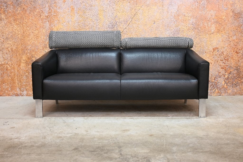 ZGAN 2 zwarte leren Leolux Patachou design banken, Leolux, Leolux, 150 tot 200 cm, Driepersoons