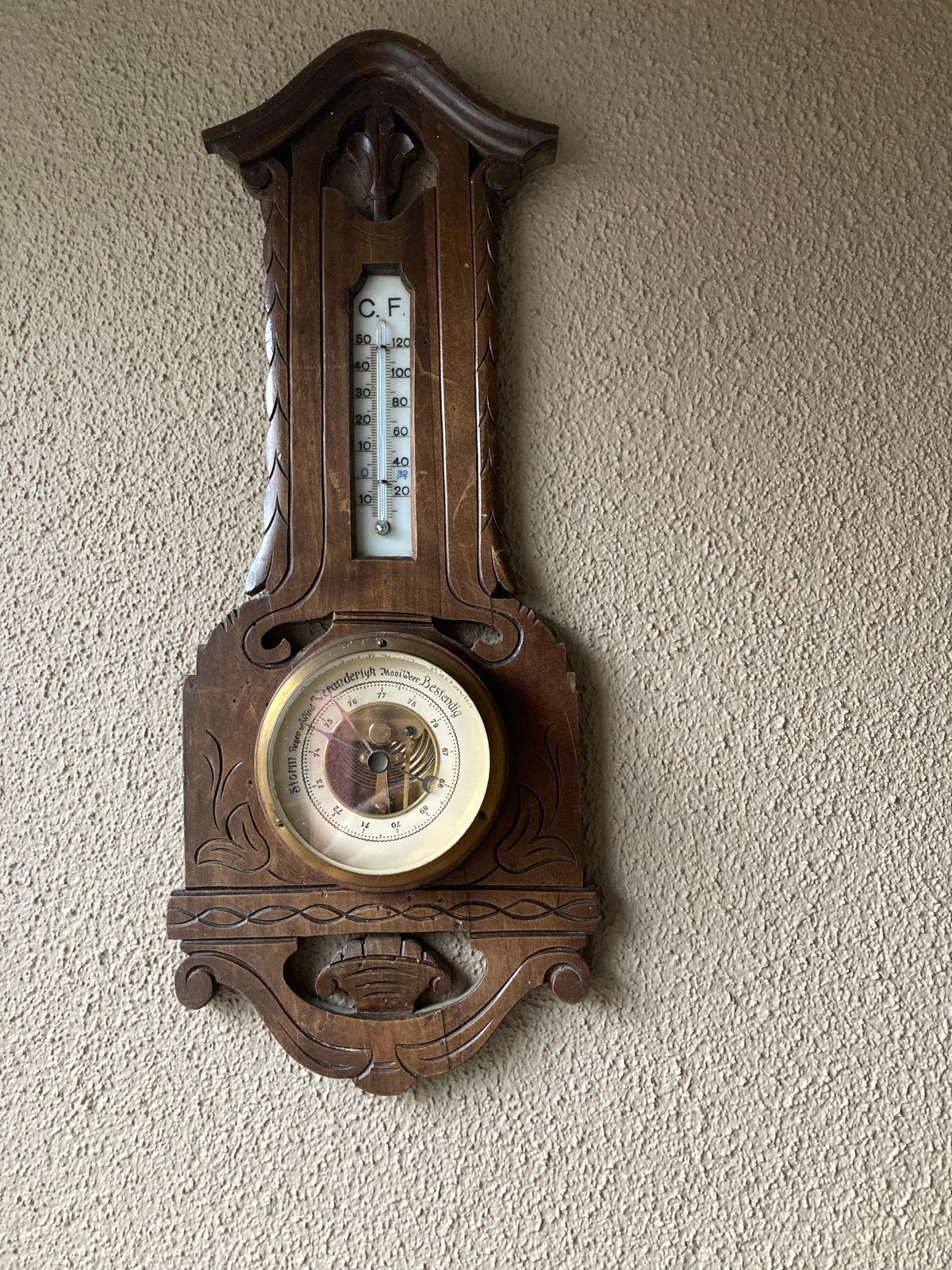 Antieke Barometer en Thermometer in Houten Behuizing, Ophalen of Verzenden, Gebruikt, Weerstation