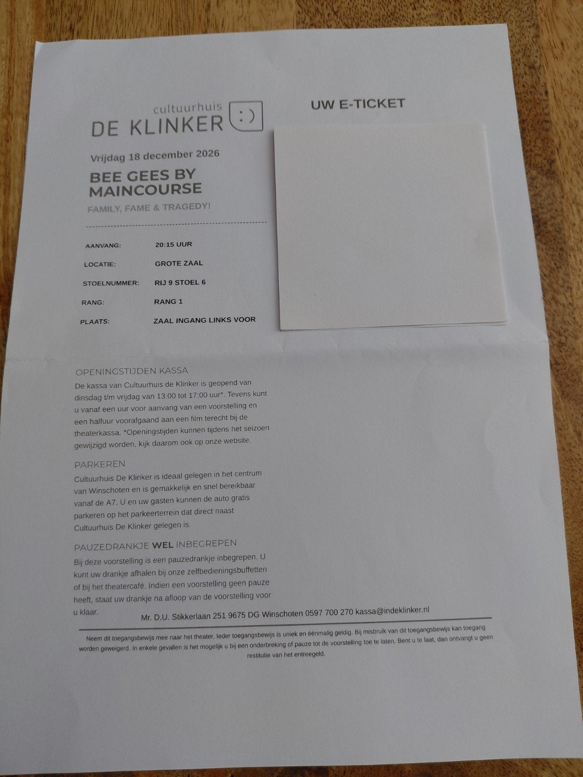 2 ENTREEKAARTEN VOOR DE BEEGEES IN DE KLINKER WINSCHOTEN, Tickets en Kaartjes, Twee personen, December
