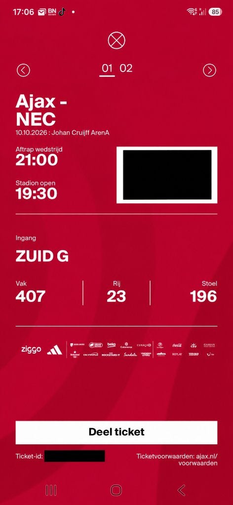 Tickets Ajax - NEC  10 Oktober 2026, Losse kaart, Twee personen, Oktober