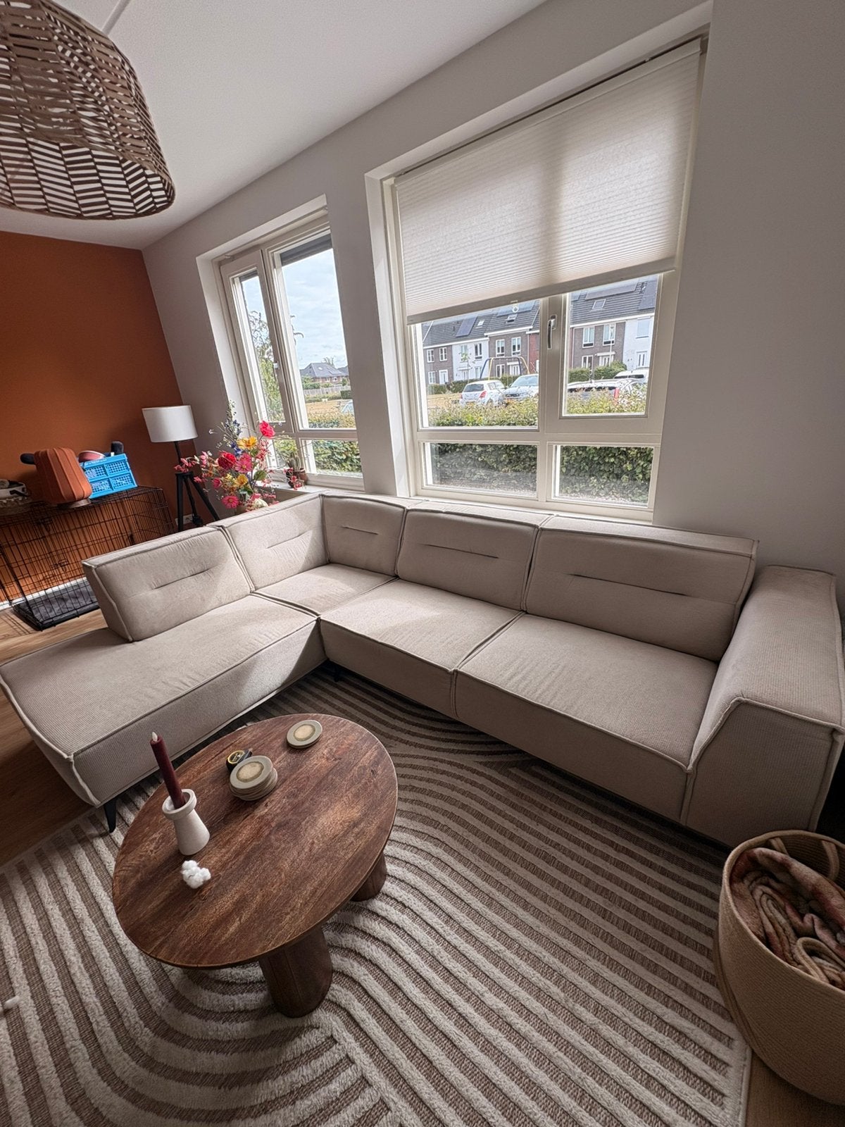 Woonenzo hoekbank beige + 1 jaar garantie – zeer netjes, Huis en Inrichting, Ophalen, Tweepersoons, Zo goed als nieuw, Stof