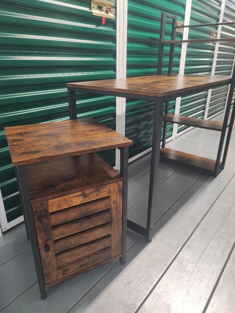 Industrieel bureau met zijplanken en kastje – bruin/zwart, Ophalen, Spaanplaat of MDF, Demontabel, Zo goed als nieuw