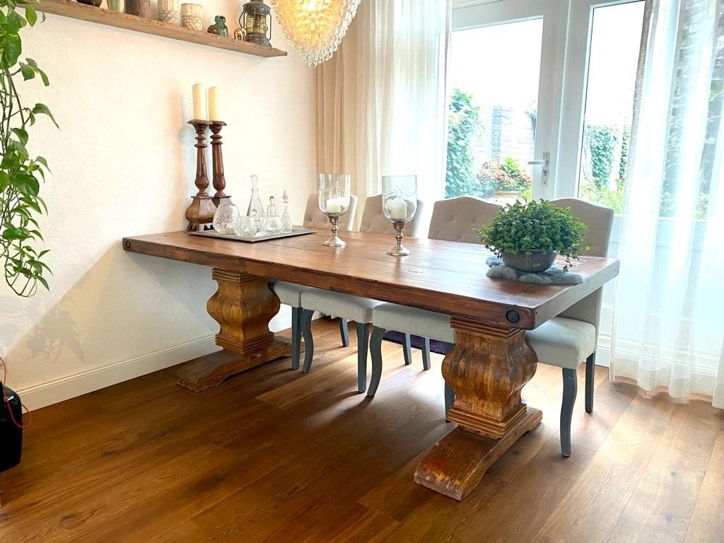 Grote tafel (kloostertafel) met hardhouten bankje 220 m, Ophalen, 100 tot 150 cm, 200 cm of meer, Zo goed als nieuw