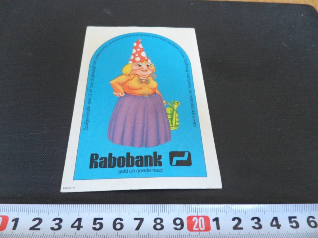 sticker rabobank strip kabouter vrouw gieter *, Verzamelen, Stickers, Ophalen, Zo goed als nieuw