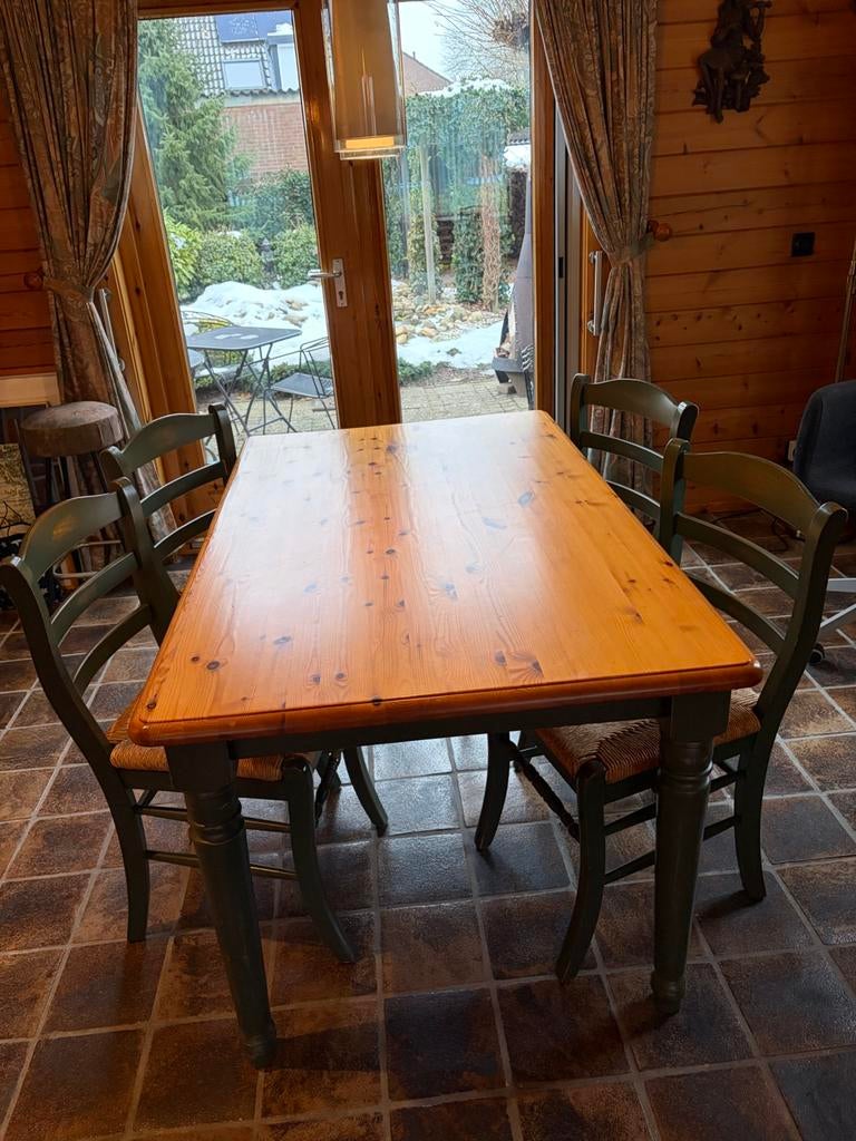 Tafel 4 stoelen biezen genat groen grenen 150x90x75 kan los, Huis en Inrichting, Tafels | Eettafels, Ophalen, Gebruikt, 50 tot 100 cm