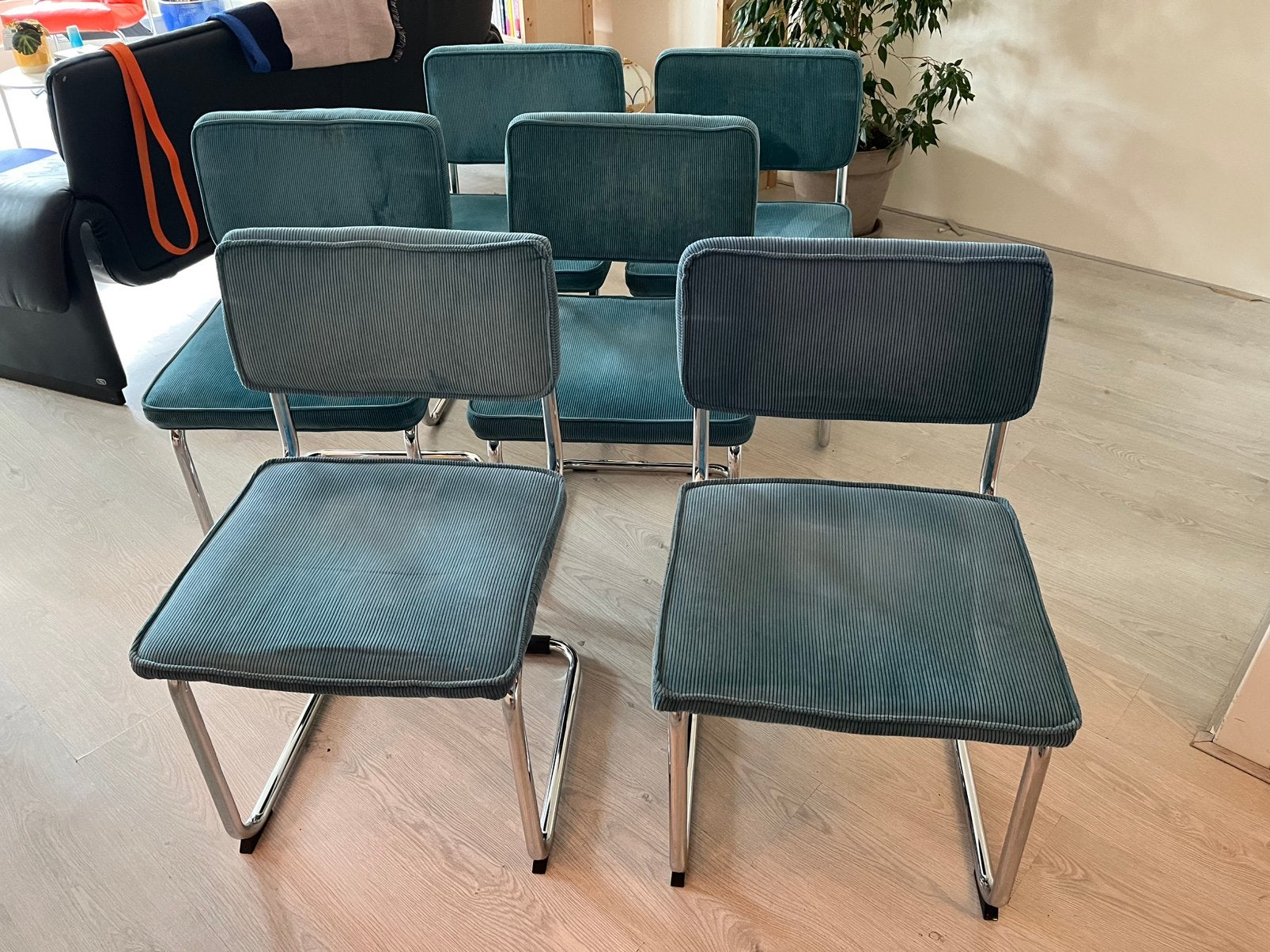 6 lichtblauwe buisframe stoelen, Huis en Inrichting, Ophalen, Gebruikt, Blauw, Stof