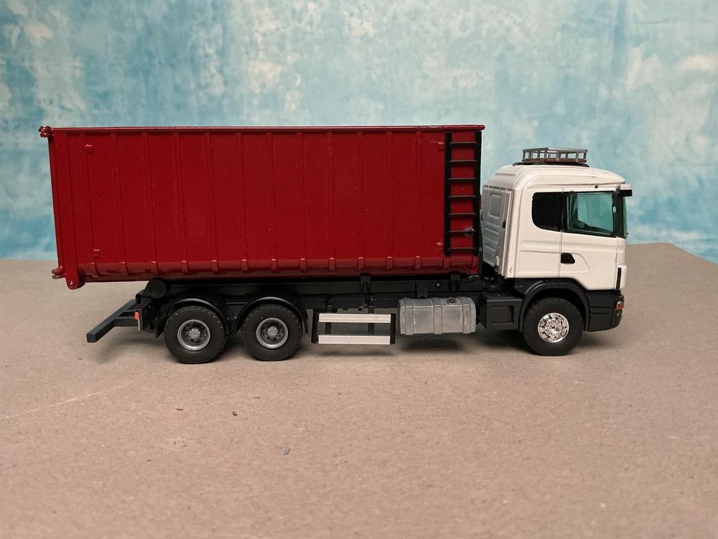 Tekno Scania 164 Haakarm + container, Hobby en Vrije tijd, Ophalen of Verzenden, Gebruikt, Bus of Vrachtwagen, Tekno