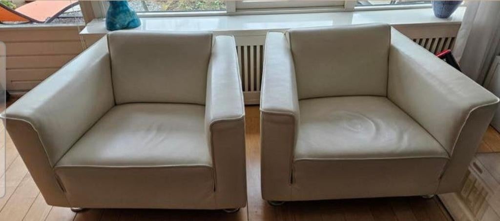 Gelderland design fauteuils, off white leer, goede staat, Ophalen, Leer, Design