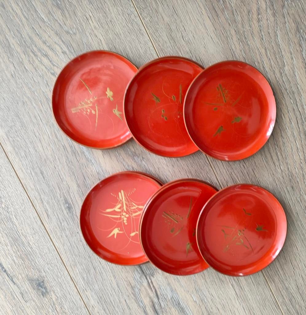 Vintage 6 oranje/roestbruine Japanse lakwerk onderzetters., Ophalen of Verzenden, Gebruikt